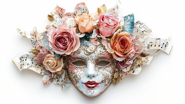 This elegant masquerade mask, embellished with musical notes and roses in vibrant colors, embodies the themes of "Twelfth Night."