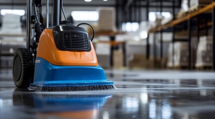 Fototapeta premium An industrial floor cleaner cleaning the concrete surface at a commercial warehouse. 