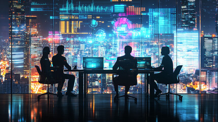 A business meeting with silhouetted figures seated around a table, illuminated by the glow of digital data projections. The room has transparent walls showing a bustling metropolis at night. 