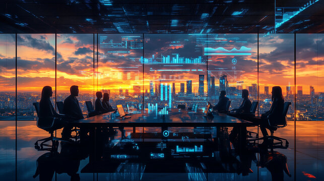 A futuristic meeting room with people around a dark, reflective table, casting shadows. Digital data overlays like line graphs and abstract icons hover in the air. The room has a minimalist design.