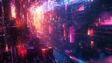 Naklejka premium Futuristic Abstract Digital Cityscape with Glowing Neon Lights Illustration