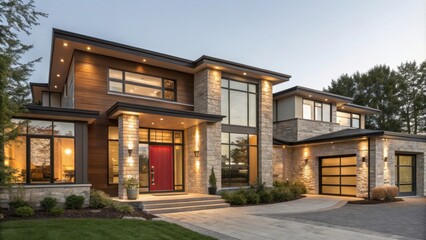 Obraz premium Luxurious Modern Contemporary House in a Serene Neighborhood During Twilight Hours. Generative AI