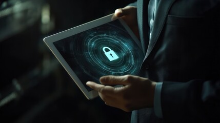 A person holding a tablet displaying a digital lock symbol, emphasizing cybersecurity.