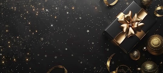 Merry Christmas Holiday Gift Box Golden Ribbon Gold Baubles Black Background Magic Greeting Card Decoration Copy Space