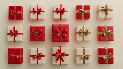 A collection of red and white gift-wrapped presents with festive ribbons.