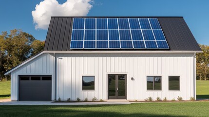 Fototapeta premium Modern home with solar panels and clean design, perfect for showcasing sustainable living and energy efficiency.