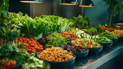 A vibrant salad bar with a variety of fresh greens, colorful vegetables, fruits, nuts, and dressings, creating a healthy, customized salad experience.A vibrant salad bar with a variety of fresh greens
