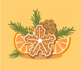 Festive Christmas still life. Gingerbread, tangerines, pine cones, fir branches. Snowy background