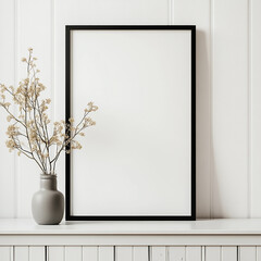 Minimalist black frame mockup of an empty poster on the wall, placed on top of a white shelf with decorative items. The frame is sleek and modern against the clean background