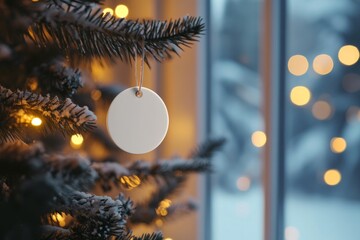 A blank white circular ceramic ornament hanging on a Christmas tree.