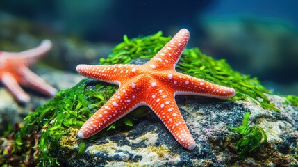 A vibrant starfish rests on a rock covered with green algae, showcasing the beauty of marine life in its natural habitat.