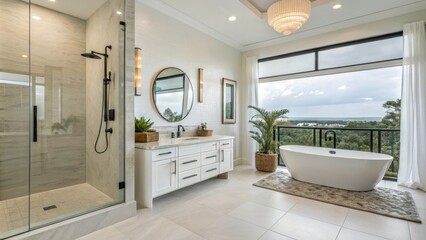 Luxurious Bathroom Interior Design in Florida With Stunning Views of the Natural Landscape. Generative AI