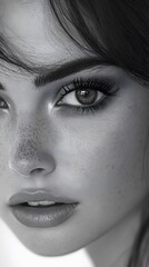 Close-up of a Young Woman's Eye with Freckles and Beautiful Makeup, Capturing Emotions and Expressive Features in a Black and White Portrait