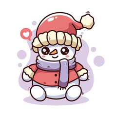 Cute cartoon snowman with a scarf and hat. Vector illustration.