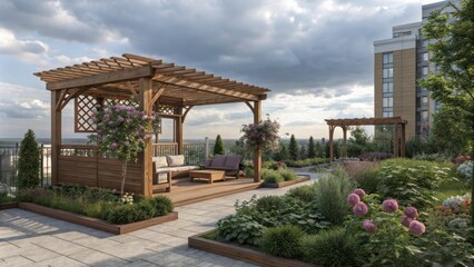 Elegant Pergola Enhances an Urban Garden Pavilion Surrounded by Lush Greenery Under a Cloudy Sky. Generative AI
