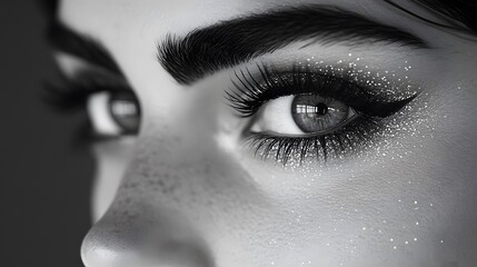 Fototapeta premium Striking Close-Up of Stunning Eye Makeup Featuring Long Lashes, Glitter Accents, and Bold Eyeliner in Black and White Photography, Capturing Her Mesmerizing Gaze