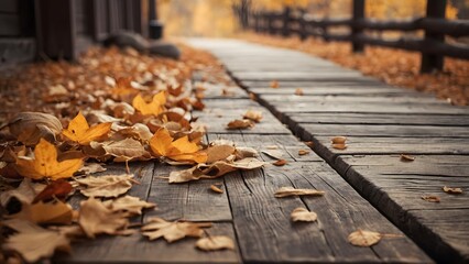 Autumn Leaves Scattered on a Wooden Pathway in a Quiet Forest During the Fall Season