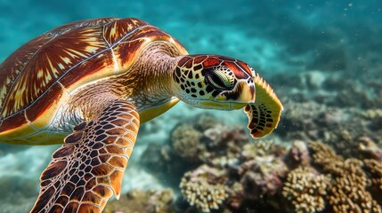 Fototapeta premium A vibrant sea turtle gracefully swimming through crystal clear waters above coral reefs, showcasing oceanic beauty and tranquility.