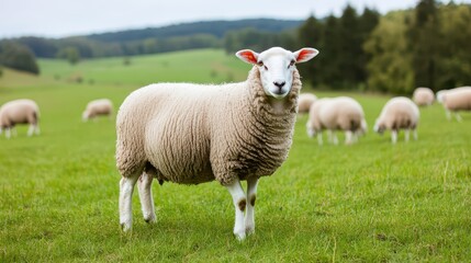 Obraz premium A curious sheep stands in a green meadow, surrounded by other sheep. A picturesque rural scene evoking tranquility and nature.