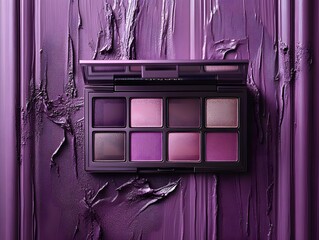 Elegant Purple Eyeshadow Palette on Textured Purple Background, Showcasing Rich Hues, Smooth Texture, and Artistic Arrangement for Makeup Enthusiasts and Professionals