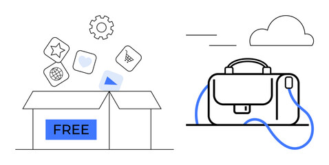 Open box labeled FREE releasing digital app icons, gear, play button, bag with blue strap against cloud background. Ideal for software, applications, storage, downloads, mobile devices, organization