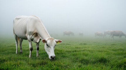 Obraz premium A serene landscape with a white cow grazing in a misty field, embodying tranquility and rural beauty.