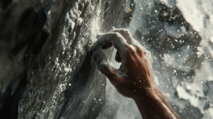Fototapeta premium Close-up of a climber's hand gripping a rock face, with white chalk powder visible on the fingers and rock.
