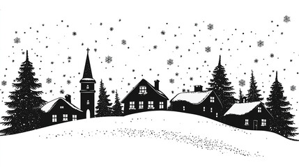 Naklejka premium Vintage Christmas Village Silhouette with Cottages, Pine Trees, and Church – Black and White Vector for Holiday Cards and Seasonal Decor