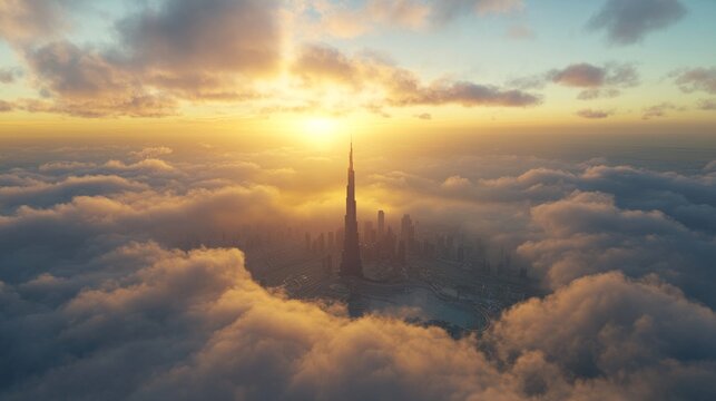 Dubai cityscape above the clouds at sunrise.