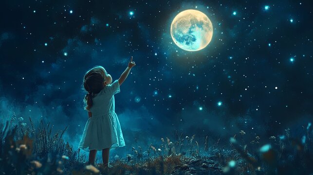 Little Girl Gazing at the Night Sky with a Full Moon and Stars