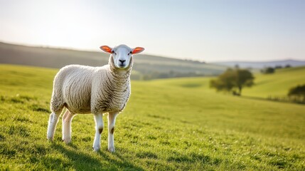 Fototapeta premium A serene sheep grazing peacefully in a lush green field under a clear blue sky, embodying rural tranquility and natural beauty.