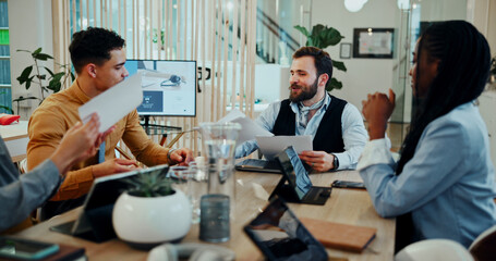 Business people, presentation and paperwork for collaboration, planning or brainstorming in office. Creative, employees and team meeting with tablet technology, documents and project management