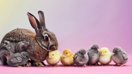 Rabbit and chick are best friends on gradient background