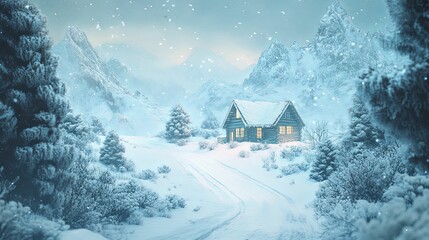 Naklejka premium A Cozy Cabin nestled in a Snowy Mountain Valley