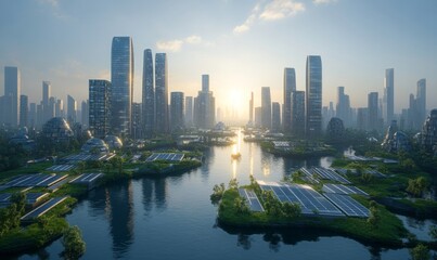 Fototapeta premium Solar-powered cities with advanced energy systems, sustainable future technology, 3D illustration