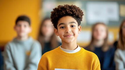 A young student confidently smiles in a classroom, showcasing friendship and learning in an engaging educational environment.
