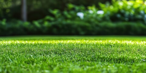 Lush Green Lawn with Fresh Grass Blades in a Beautiful Garden Setting, Perfect for Outdoor Activities and Relaxation in Nature's Splendor