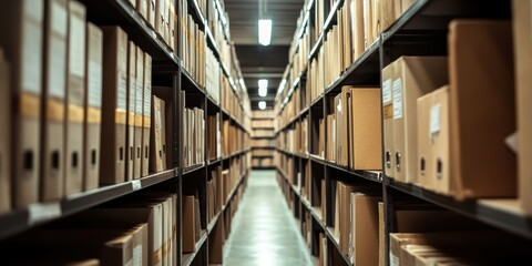 Fototapeta premium Aisle View of a Neatly Organized Storage Warehouse with Cardboard Boxes and Files on Shelving Units, Ideal for Business and Organization Concepts