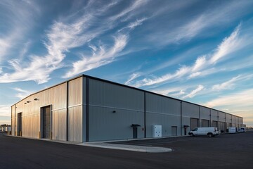 Fototapeta premium Contemporary Warehouse and Supply Depot Beneath a Calm Blue Sky