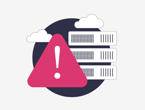 Server error alert, data center failure, cloud storage disruption and system warning. Critical error notification with exclamation mark symbol, network issues isolated flat vector illustration