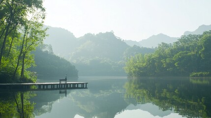 Obraz premium Tranquil Rural China Landscape with Serene Lake, Fisherman, and Wooden Dock Surrounded by Lush Forests and Mountains - Ultra-Detailed Nature Scene