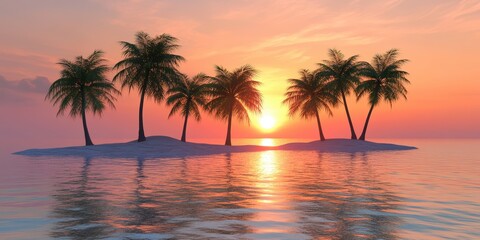 Tranquil Sunset Over a Tropical Island with Palm Trees Reflecting on Calm Waters, Creating a Serene and Picturesque Scene for Relaxation and Retreat
