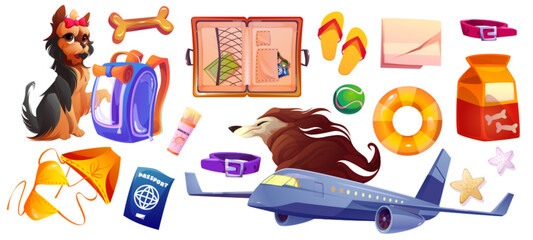 Travel essentials for travel with pet. Cartoon cat with bow, airplane, backpack and passport, bone shaped treats and domestic animal food. Companion journey planning or cat and dog friendly trip.