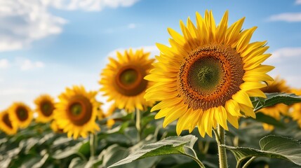 Obraz premium Vibrant sunflowers bask in the warm sunlight, showcasing their bright yellow petals against a clear blue sky.