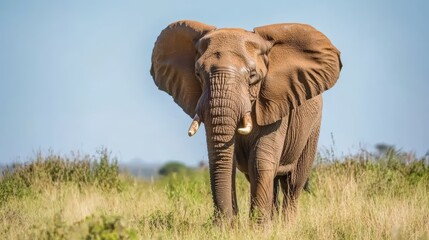 Majestic Elephant Standing Proudly in Natural Habitat with Flapping Ears and Graceful Posture Against a Clear Blue Sky in Savanna Landscape