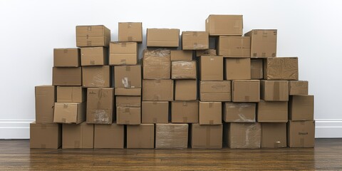 Stacked Cardboard Boxes in a Modern Minimalist Room Displaying the Concept of Shipping, Moving, Storage, and Organization for E-commerce and Logistics Industries