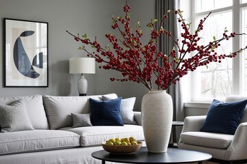 Elegant Scandinavian Living Room Design with Stunning Vase and Vibrant Cherry Plum Branches for Spring Decor