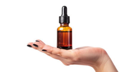 Female hand holding serum oil product on white transparent background






