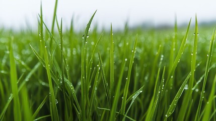 Obraz premium Close-up of vibrant green grass blades glistening with dew drops, capturing the freshness of nature in the early morning light.