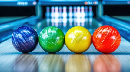 Vibrant Neon Bowling Balls in Radiant Colors Reflecting Light on a Bowling Alley with Blurred Pins in the Background